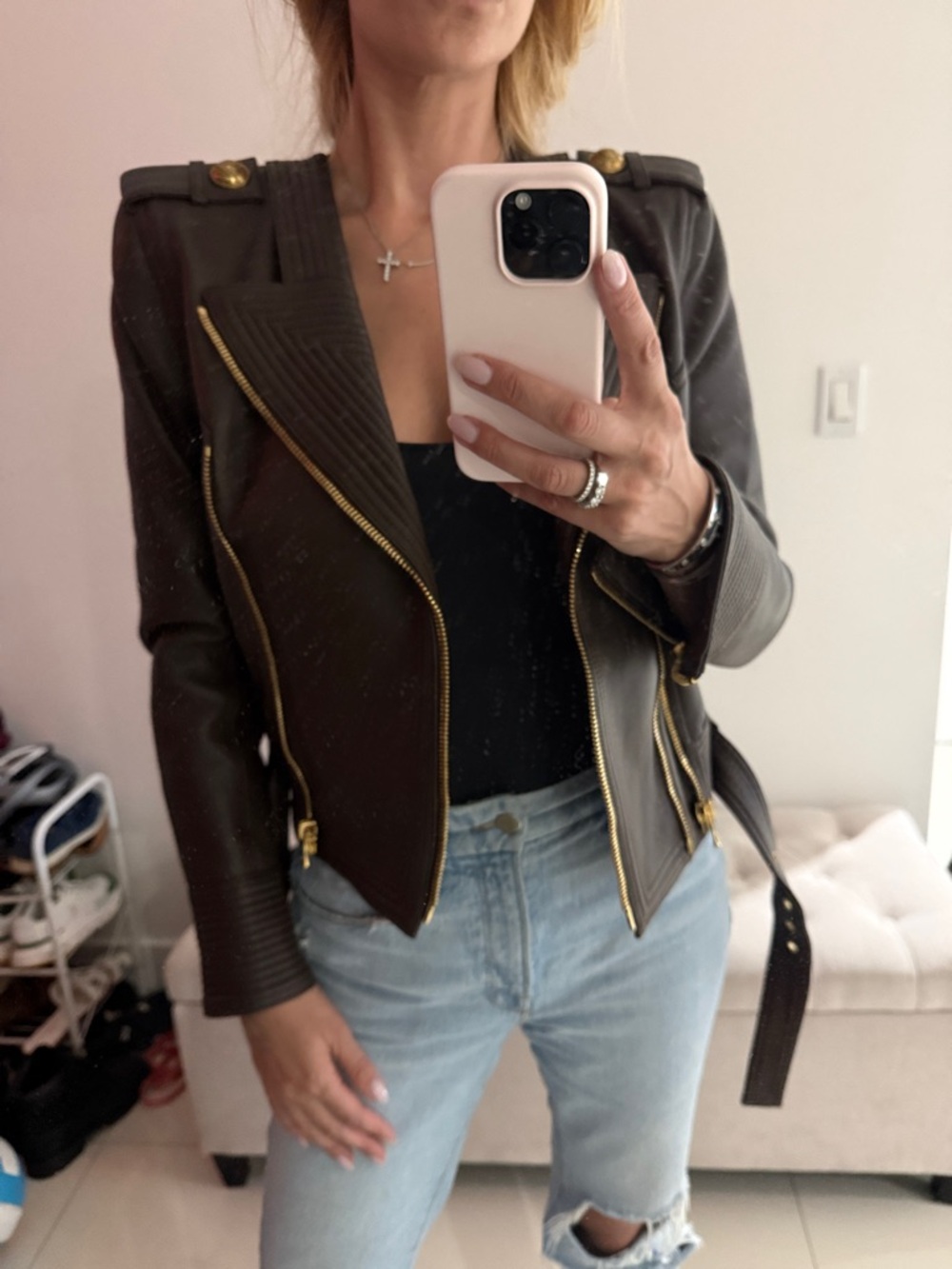 Balmain leather jacket briwn with gold details - Picture 5 of 8
